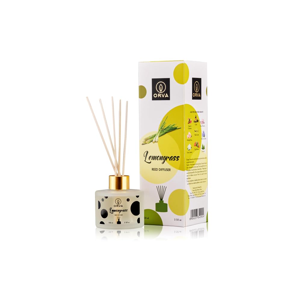 Orva Reed Diffuser Fragrance for Home, Workplace, Enclosed Spaces | 100ml | Includes 6 Rattan Sticks Free | Stress Relief | Mood Enhancer (Pack of 1) (Lemongrass)