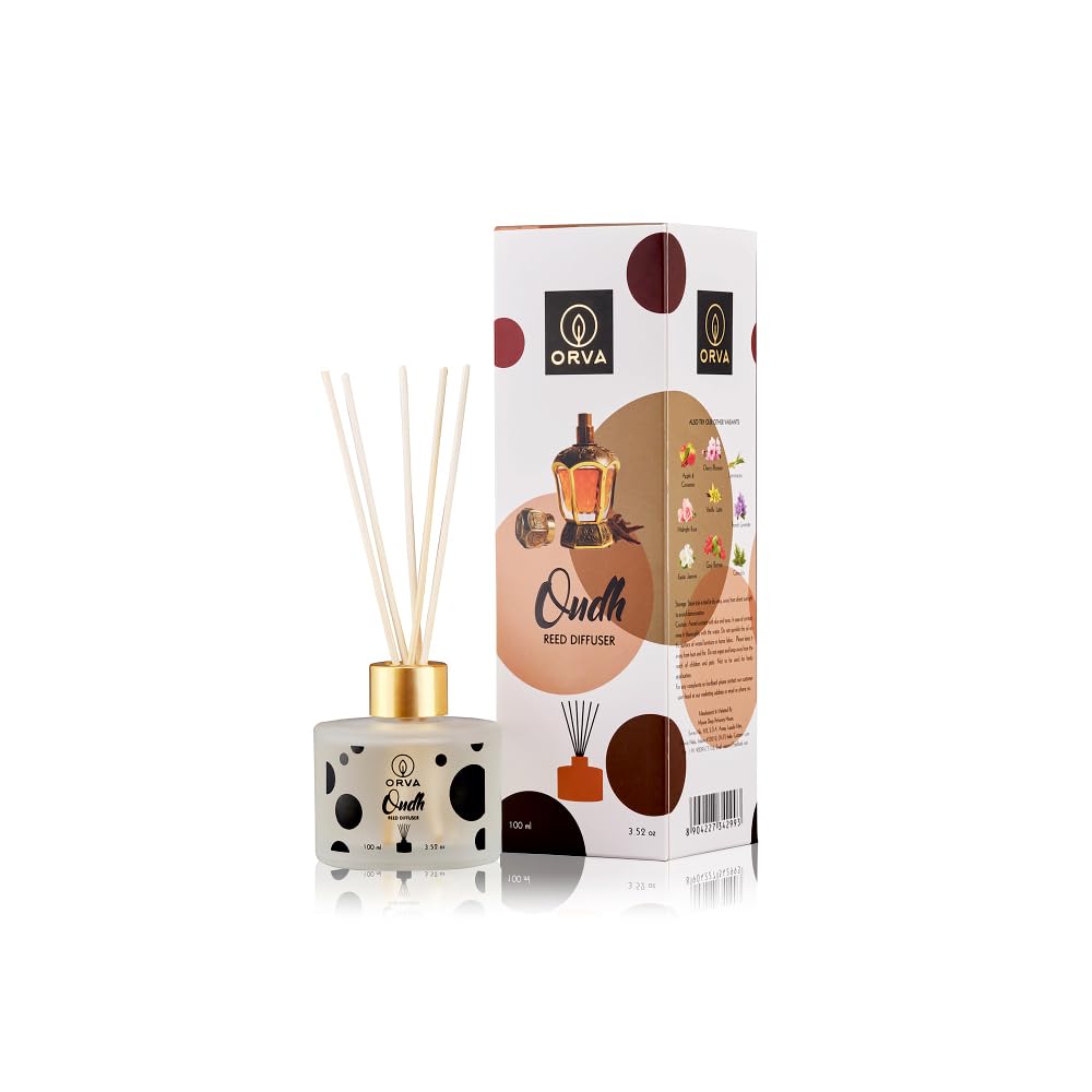 Orva Reed Diffuser Fragrance for Home, Workplace, Enclosed Spaces | 100ml | Includes 6 Rattan Sticks Free | Stress Relief | Mood Enhancer (Pack of 1) (OUDH)