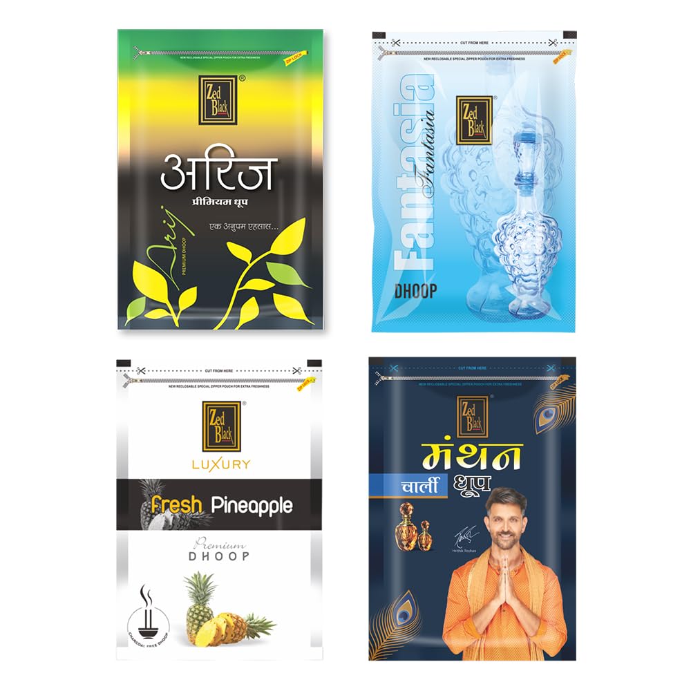 Zed Black Manthan Dhoop Big Cones in Family Zipper Packing Incense Dhoop Cones 4 Fragrance - Dhoop Arij,Fantasia,Fresh Pineapple, Manthan Charli | Combo Assorted Dhoop - Pack of 4