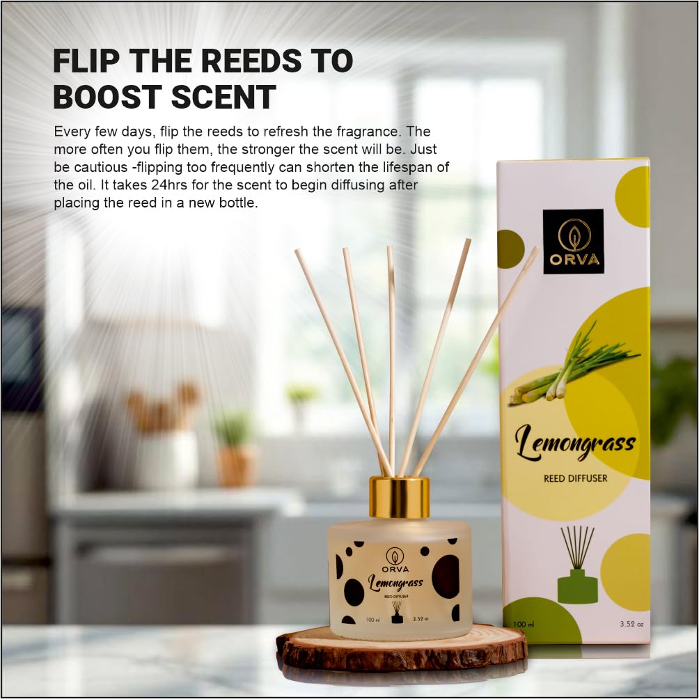 Orva Reed Diffuser Fragrance for Home, Workplace, Enclosed Spaces | 100ml | Includes 6 Rattan Sticks Free | Stress Relief | Mood Enhancer (Pack of 1) (Lemongrass)