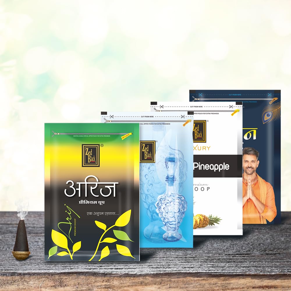 Zed Black Manthan Dhoop Big Cones in Family Zipper Packing Incense Dhoop Cones 4 Fragrance - Dhoop Arij,Fantasia,Fresh Pineapple, Manthan Charli | Combo Assorted Dhoop - Pack of 4