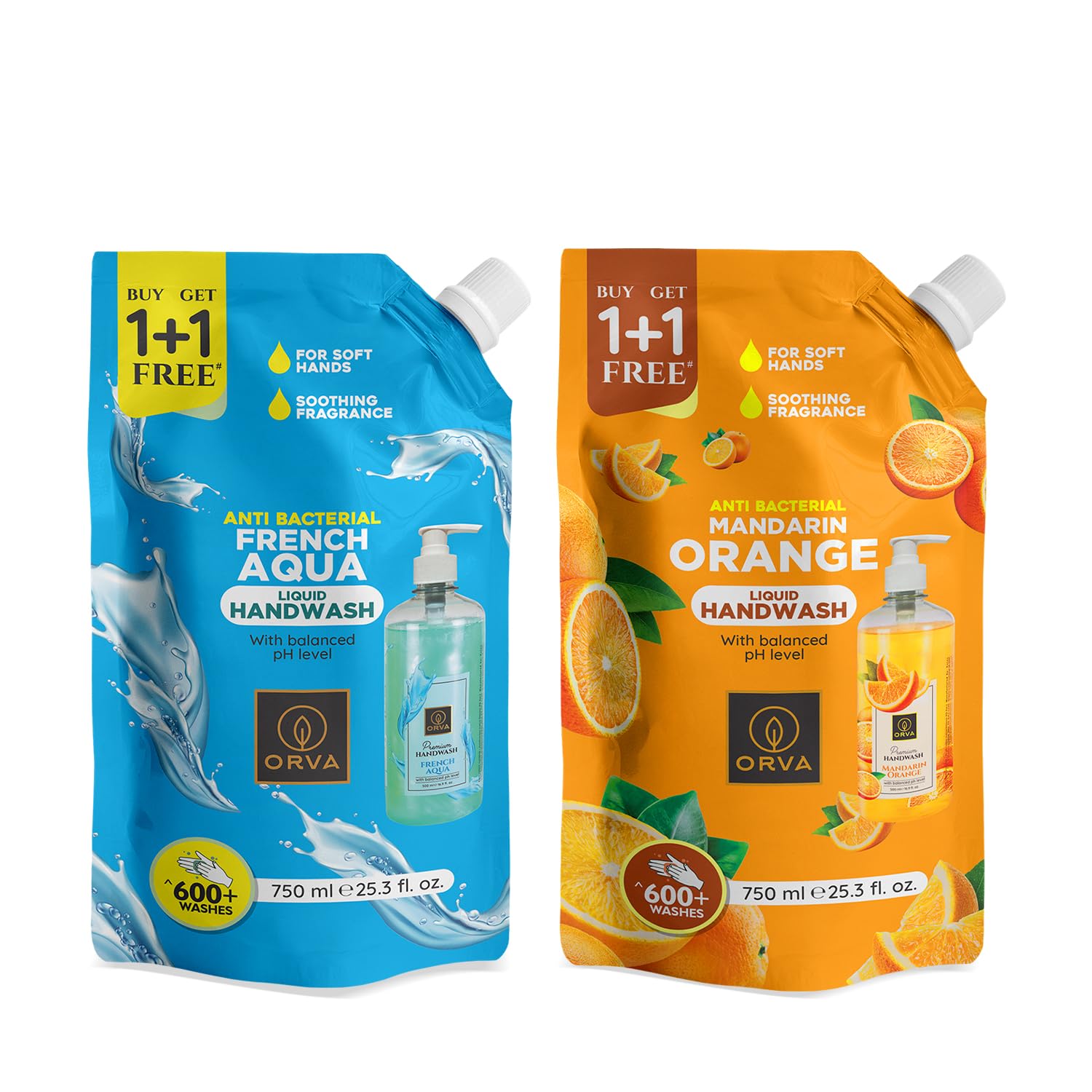Orva Germ Fighter Liquid Hand Wash Refill Pack of 2 | Neem & Lemon and Mandarin Orange | 750ml + 750ml | Germ Protection | Soft & Smooth Hands | Long Lasting Fragrance | Convenient Refill Pouch | Daily Use | Made in India