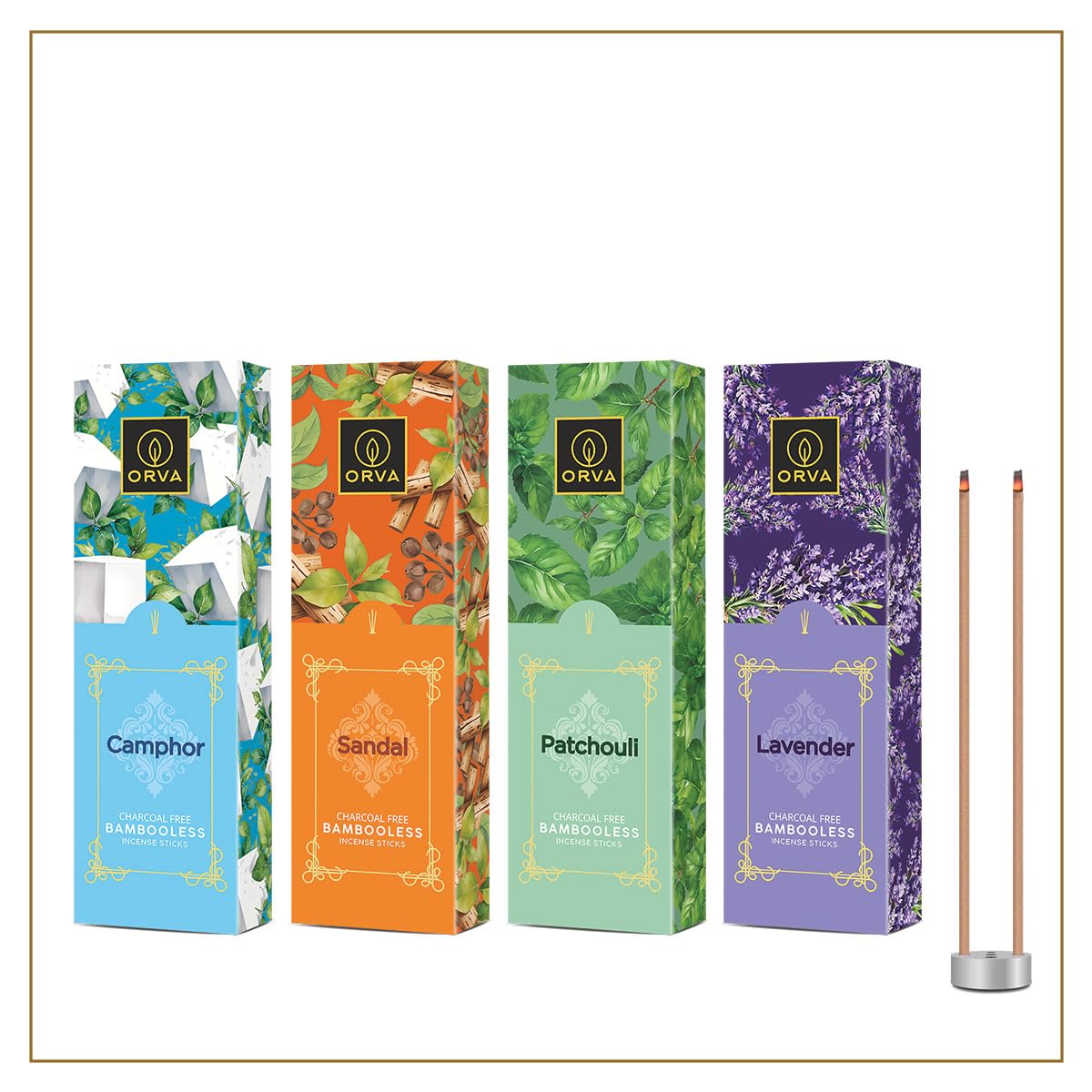 ORVA Bambooless Incense Sticks: Camphor, Lavender, Patchouli, Sandal Pack of 4 (360 g)