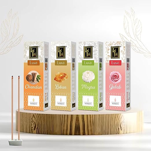 Zed Black Bamboo Less Agarbatti / Incense Sticks – Luxe Series - Pack of 4 Incense Sticks, Good Vibes Pack (Approx 70 Sticks | 4 Fragrances - Chandan, Gulab, Loban and Mogra) (377 GM)