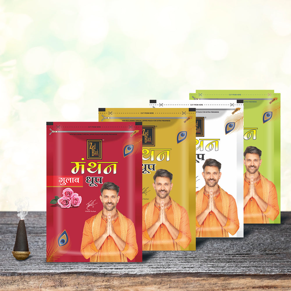Zed Black Manthan Dhoop Big Cones in Family Zipper Packing Incense Dhoop Cones 4 Fragrance - Dhoop Gulab,Gold, Jasmine,Kevada | Combo Assorted Dhoop - Pack of 4