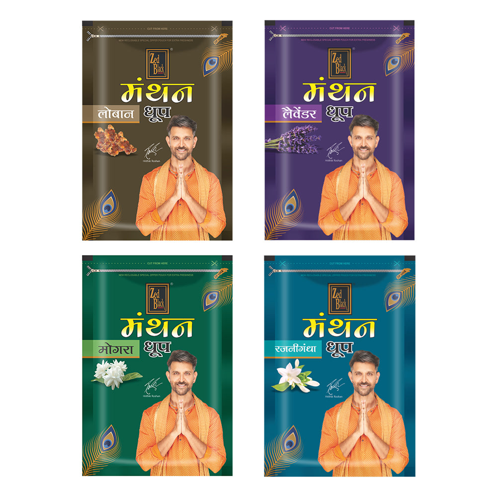 Zed Black Manthan Dhoop Big Cones in Family Zipper Packing Incense Dhoop Cones 4 Fragrance - Dhoop Loban,Lavender ,Mogra,Rajnigandha | Combo Assorted Dhoop - Pack of 4