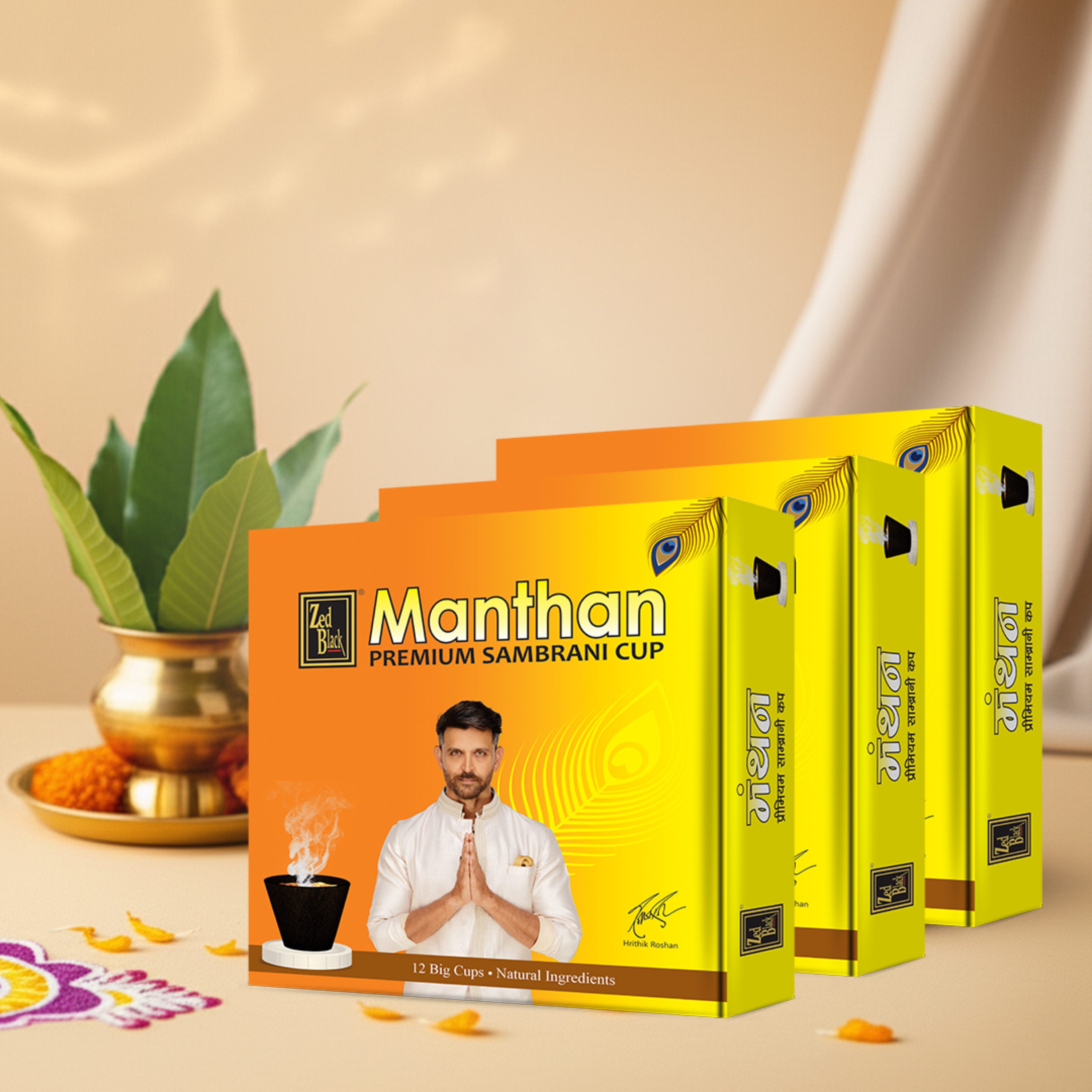 Zed Black Manthan Premium Sambrani Cups Sambrani Dhoop Cup Box - Long Lasting Pleasing Aroma Dhoop Cone Dhoop Cups for Puja for Everyday Use - Pack of 3 U (36 Cups)