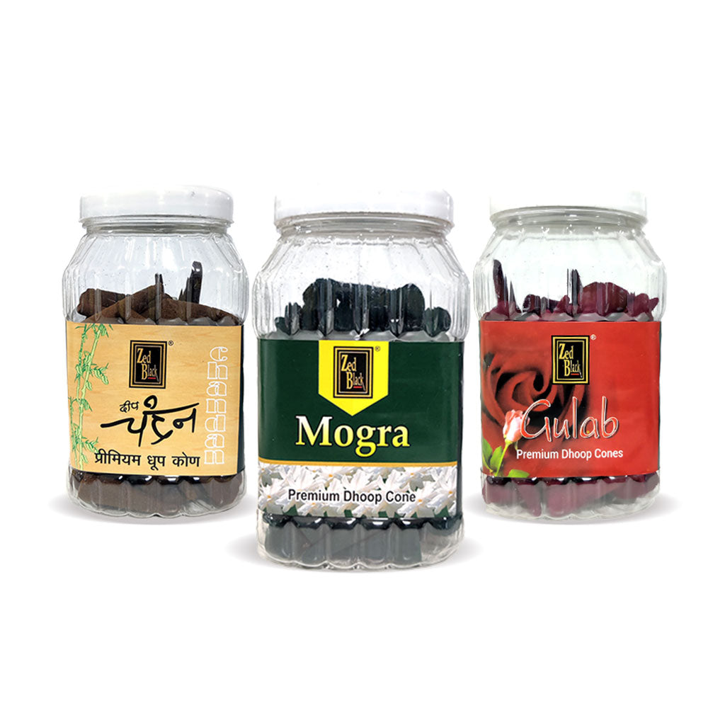 Zed Black Dhoop Big Cones in Jar Packing Incense Dhoop Cones – 3 Fragrances (- Mogra, Chandan & Gulab) | Combo Assorted Dhoop, 3x80 Cones