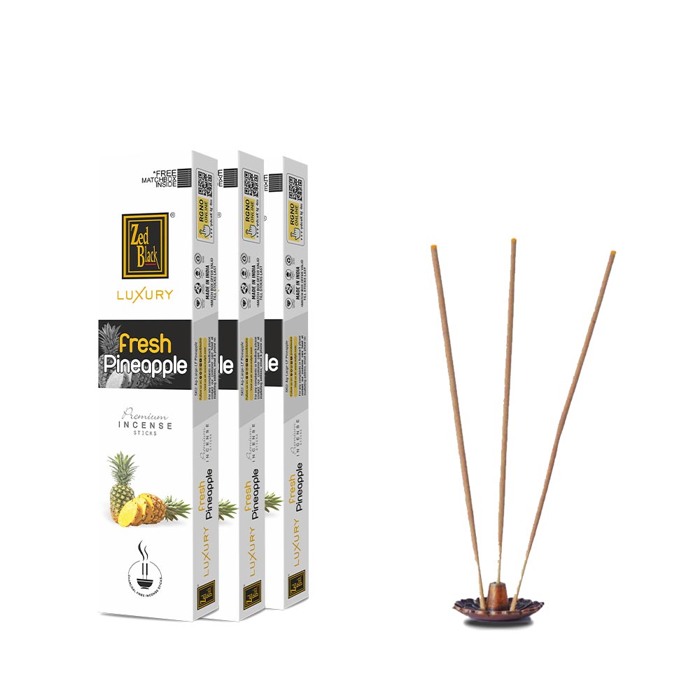 Zed Black Luxury Fresh Pineapple Premium Incense Sticks Pack of 3 Agarbatti Stick Natural Fragrance for Puja, Meditation, Refreshing Ambience - Free 1 N Matchbox Inside
