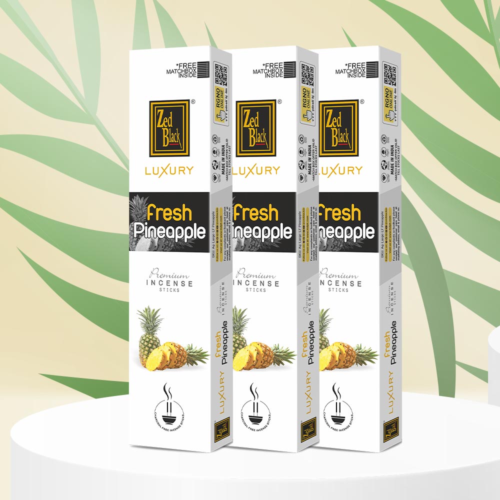 Zed Black Luxury Fresh Pineapple Premium Incense Sticks Pack of 3 Agarbatti Stick Natural Fragrance for Puja, Meditation, Refreshing Ambience - Free 1 N Matchbox Inside
