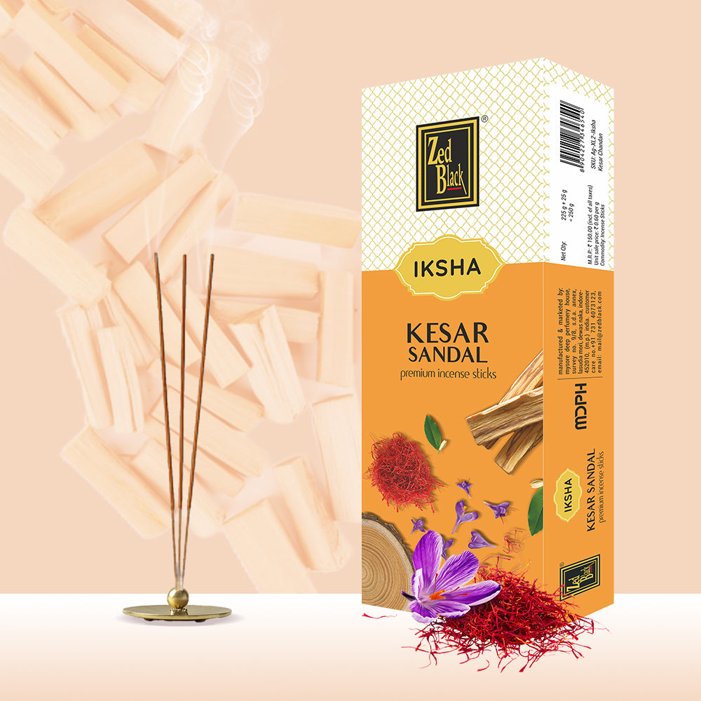 Zed Black Iksha Kesar Sandal Incense Sticks Pack of 1 Agarbatti Stick Natural Fragrance for Puja, Meditation, Refreshing Ambience