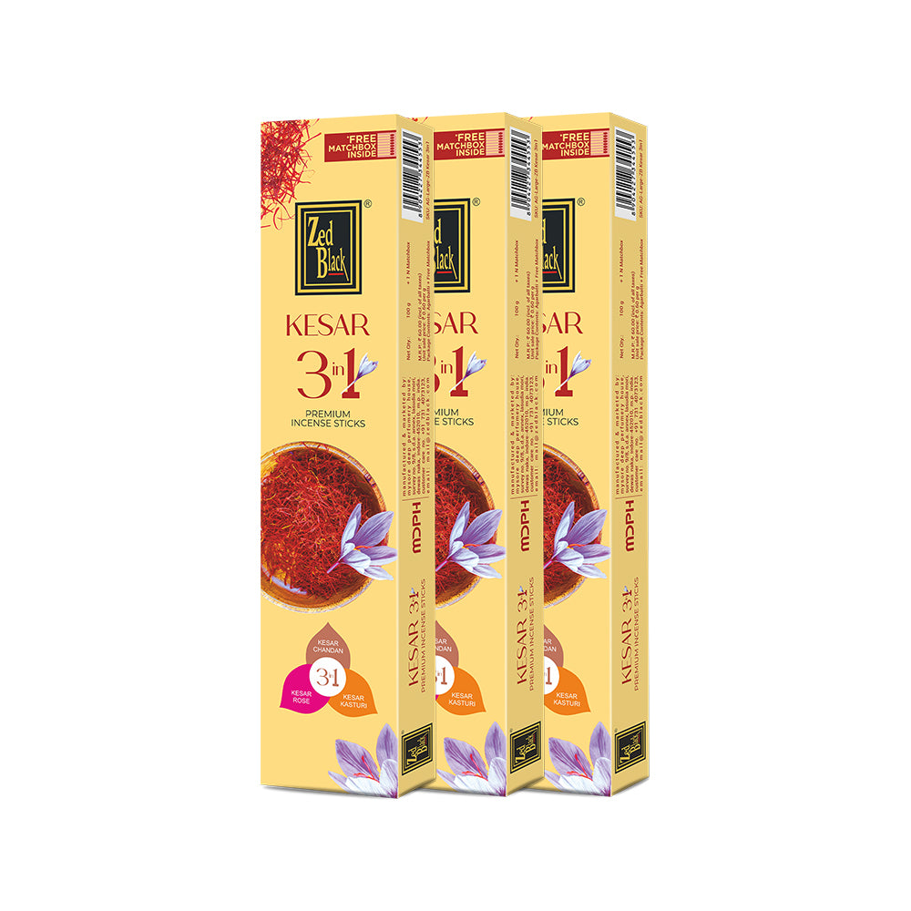 Zed Black Kesar 3 in 1 Incense Sticks Pack of 3 Agarbatti Stick Natural Fragrance for Puja, Meditation, Refreshing Ambience - Free 1 N Matchbox Inside