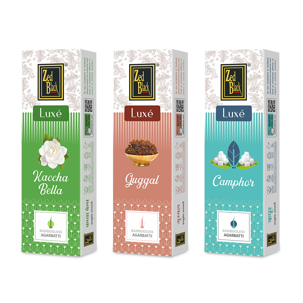 Zed Black Zed Black Luxe Kachha Bella ,Camphor ,Guggal Bambooless Incense Pack of 3 Agarbatti Natural Fragrance for Puja, Meditation, Refreshing Ambience
