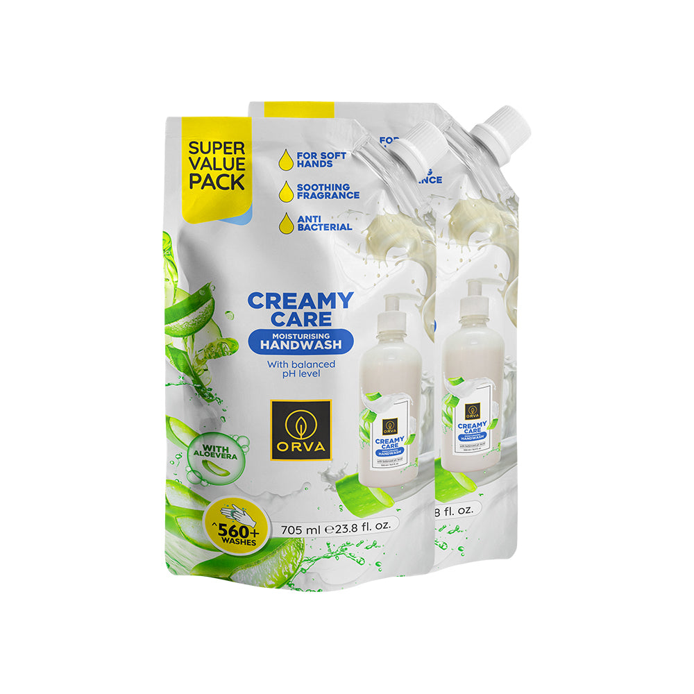 Orva refill pouch Hand Wash 705 Ml Germ Fighter Protection &Soft Liquid Handwash, Protects from 99.9% Germs, 90% Natural Origin – Pack of 2 (Creamy care )