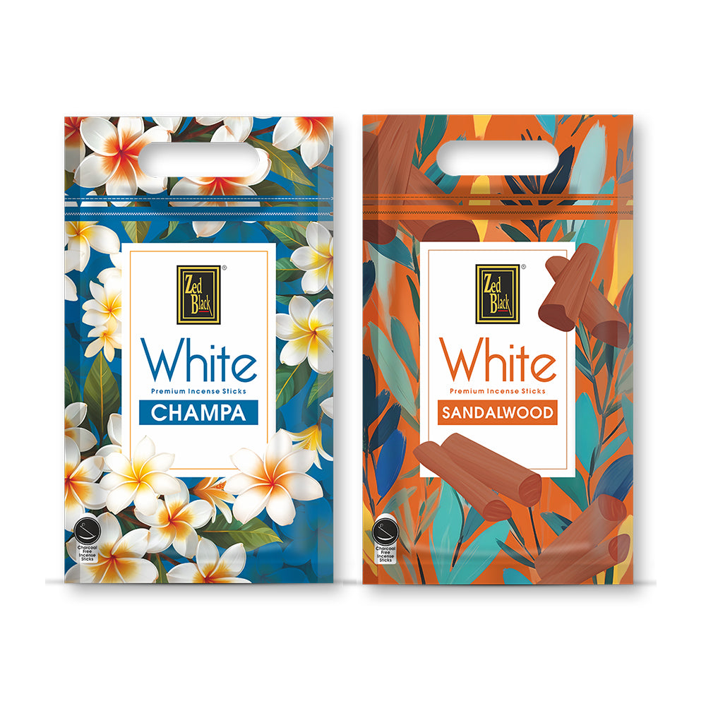 Zed Black Zed Black White Premium Incense Sticks Sandalwood and Champa Pack of 2 Agarbatti Stick Natural Fragrance for Puja, Meditation, Refreshing Ambience