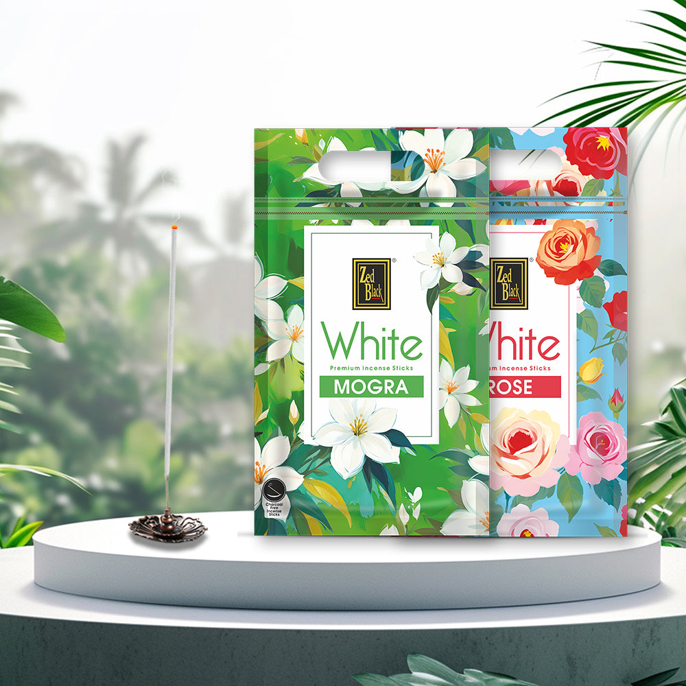 Zed Black Zed Black White Premium Incense Sticks Mogra and Rose Pack of 2 Agarbatti Stick Natural Fragrance for Puja, Meditation, Refreshing Ambience