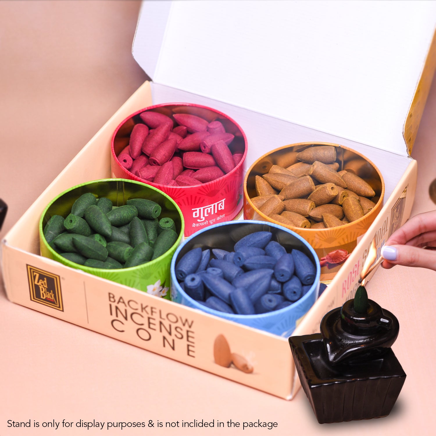 Zed Black Backflow Cone Sandal, Arij, Mogra, & Rose Tin Combo – Pack of 4