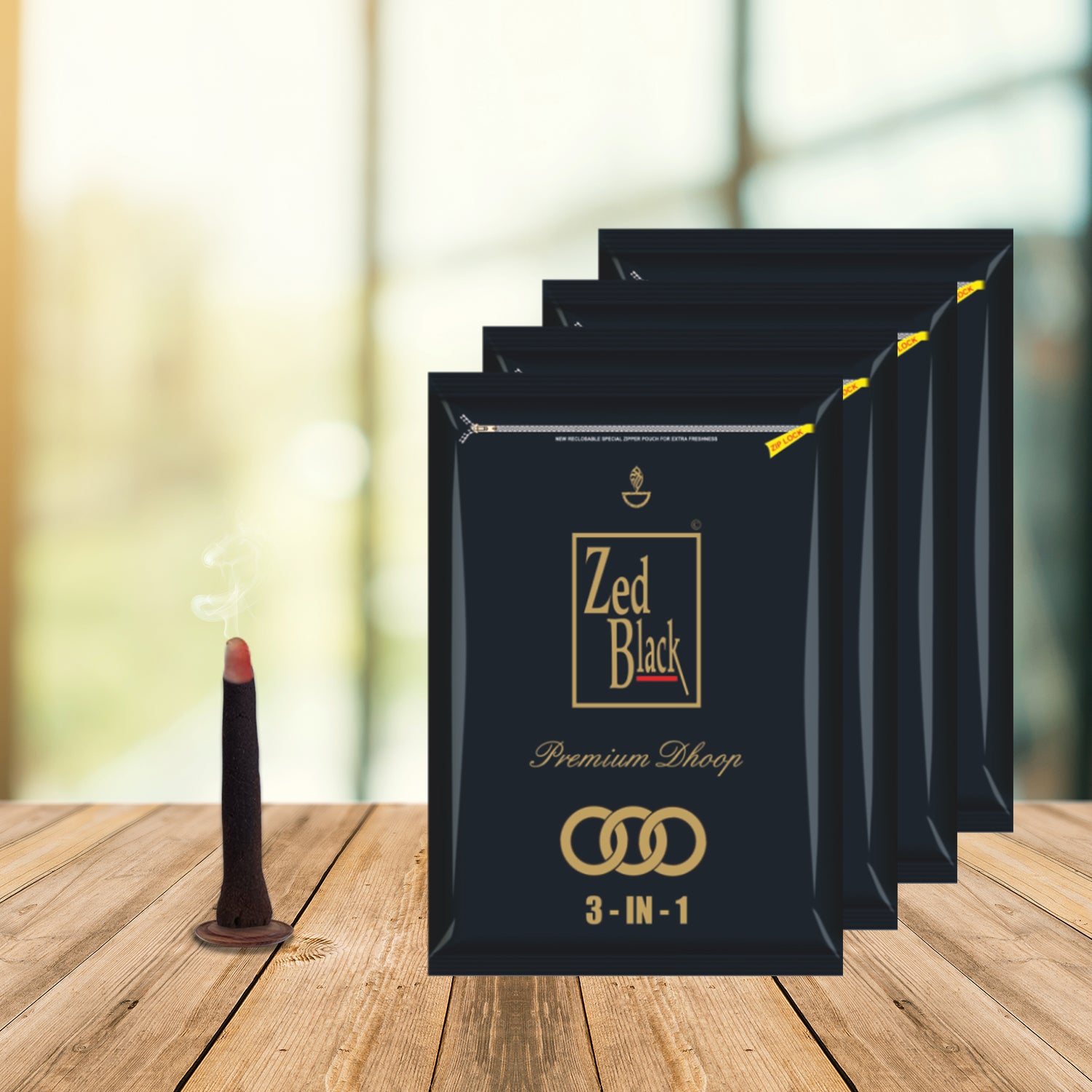 Zed Black Parfum Dhoop Big Batti in Family Zipper Packing Incense Dhoop 4 Fragrance- 3 in 1 | Combo Assorted Dhoop - Pack of 4