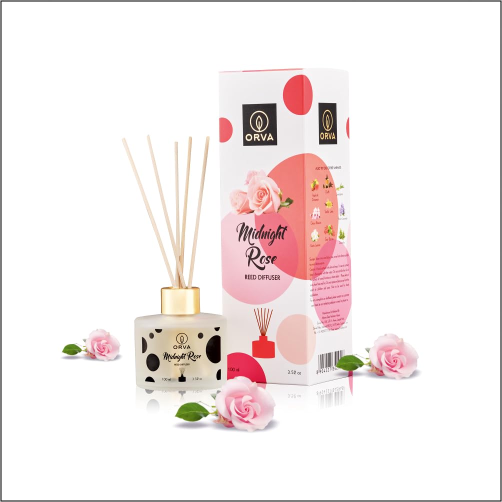 Orva Reed Diffuser Fragrance for Home, Workplace, Enclosed Spaces | 100ml | Includes 6 Rattan Sticks Free | Stress Relief | Mood Enhancer (Pack of 1) (Midnight Rose)