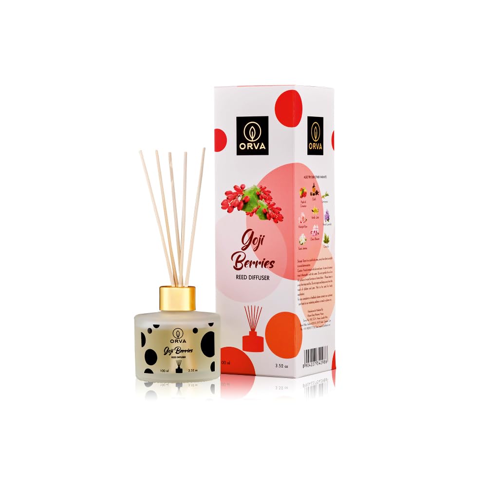 Orva Reed Diffuser Fragrance for Home, Workplace, Enclosed Spaces | 100ml | Includes 6 Rattan Sticks Free | Stress Relief | Mood Enhancer (Pack of 1) (Goji Berries)