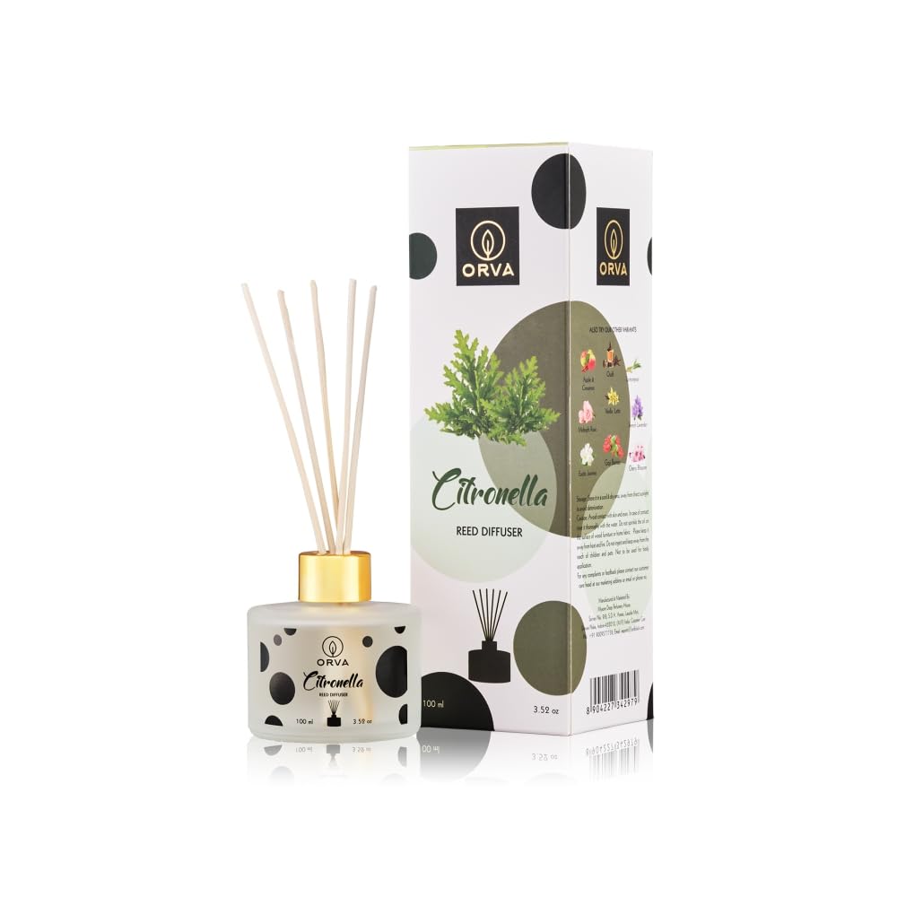 Orva Reed Diffuser Fragrance for Home, Workplace, Enclosed Spaces | 100ml | Includes 6 Rattan Sticks Free | Stress Relief | Mood Enhancer (Pack of 1) (CITRONELLA)
