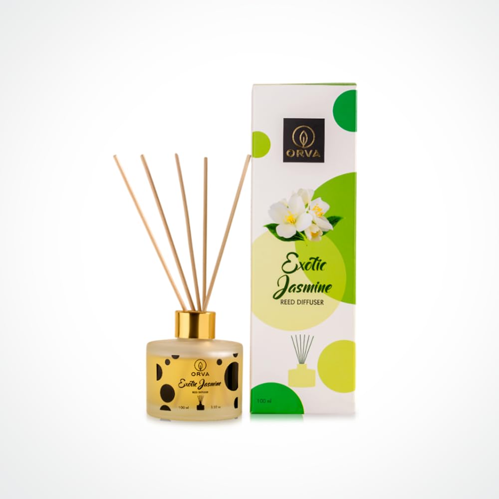 Orva Reed Diffuser Fragrance for Home, Workplace, Enclosed Spaces | 100ml | Includes 6 Rattan Sticks Free | Stress Relief | Mood Enhancer (Pack of 1) (Exotic Jasmine)