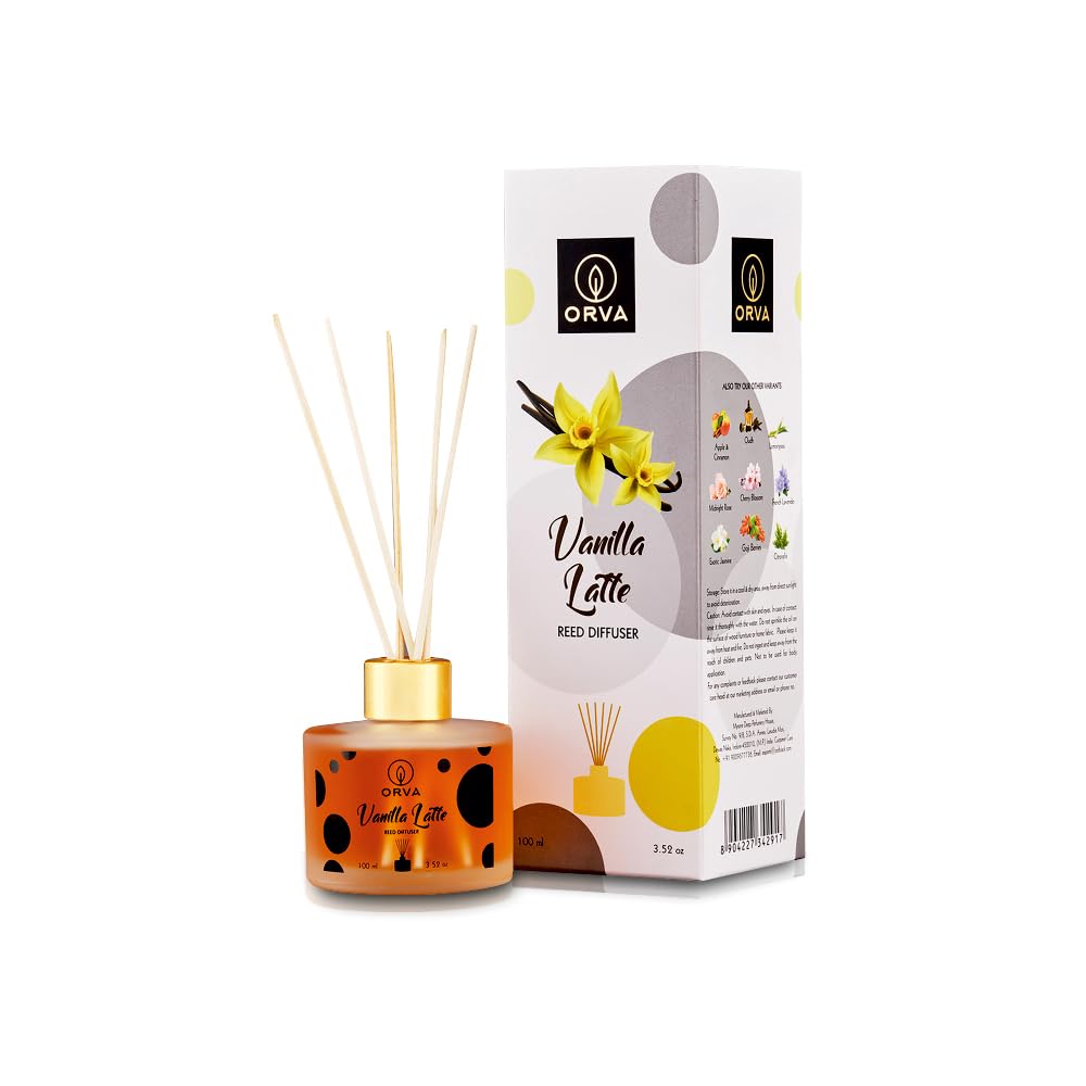 Orva Reed Diffuser Fragrance for Home, Workplace, Enclosed Spaces | 100ml | Includes 6 Rattan Sticks Free | Stress Relief | Mood Enhancer (Pack of 1) (Vanilla Latte)