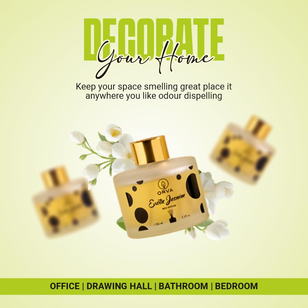 Orva Reed Diffuser Fragrance for Home, Workplace, Enclosed Spaces | 100ml | Includes 6 Rattan Sticks Free | Stress Relief | Mood Enhancer (Pack of 1) (Exotic Jasmine)