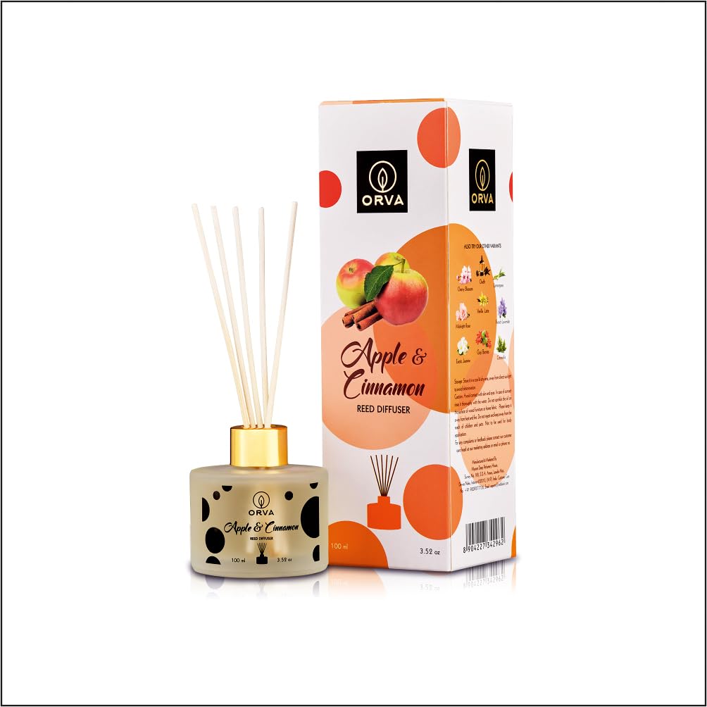 Orva Reed Diffuser Fragrance for Home, Workplace, Enclosed Spaces | 100ml | Includes 6 Rattan Sticks Free | Stress Relief | Mood Enhancer (Pack of 1) (Apple Cinnamon)