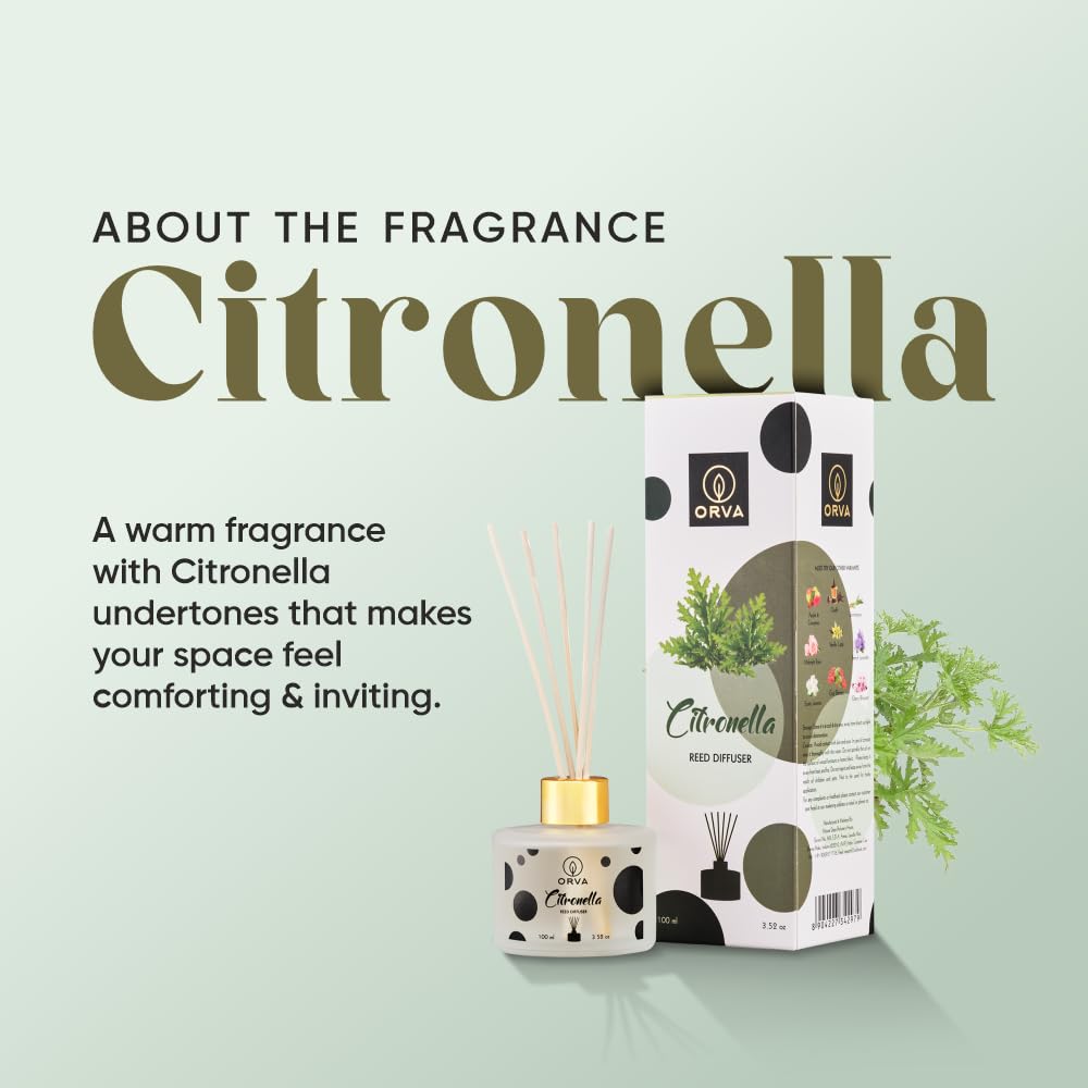 Orva Reed Diffuser Fragrance for Home, Workplace, Enclosed Spaces | 100ml | Includes 6 Rattan Sticks Free | Stress Relief | Mood Enhancer (Pack of 1) (CITRONELLA)