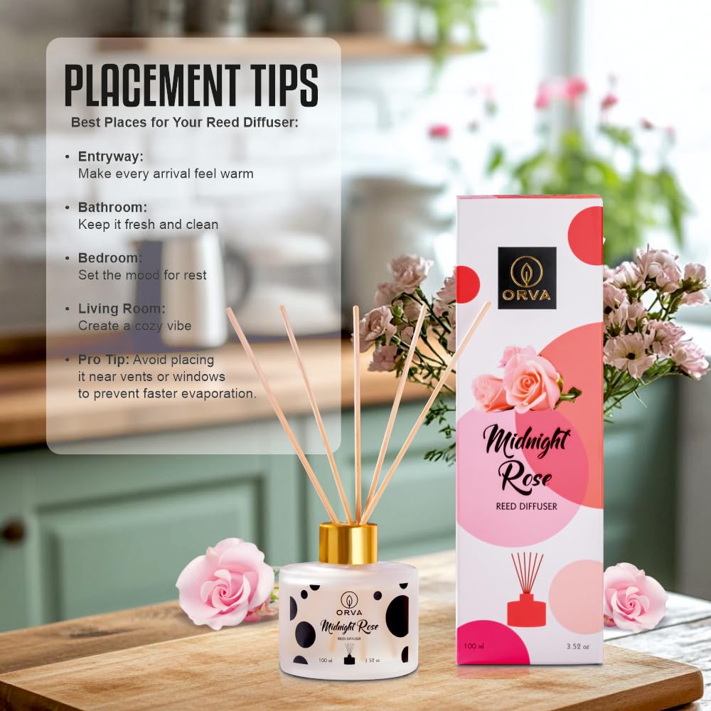 Orva Reed Diffuser Fragrance for Home, Workplace, Enclosed Spaces | 100ml | Includes 6 Rattan Sticks Free | Stress Relief | Mood Enhancer (Pack of 1) (Midnight Rose)