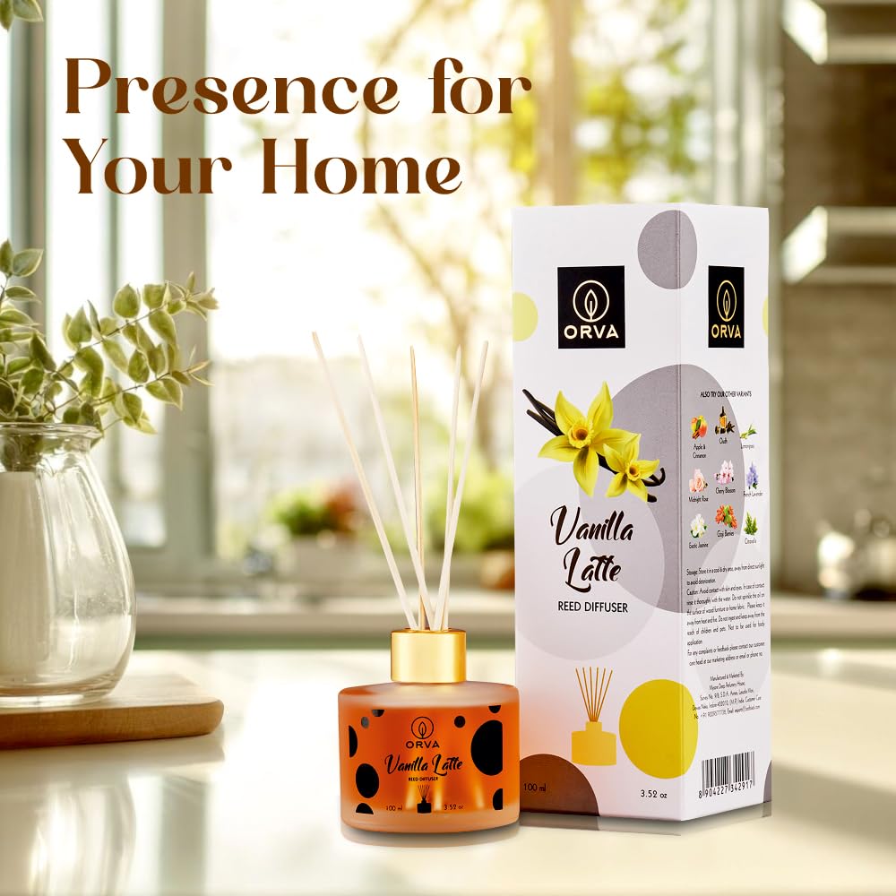 Orva Reed Diffuser Fragrance for Home, Workplace, Enclosed Spaces | 100ml | Includes 6 Rattan Sticks Free | Stress Relief | Mood Enhancer (Pack of 1) (Vanilla Latte)