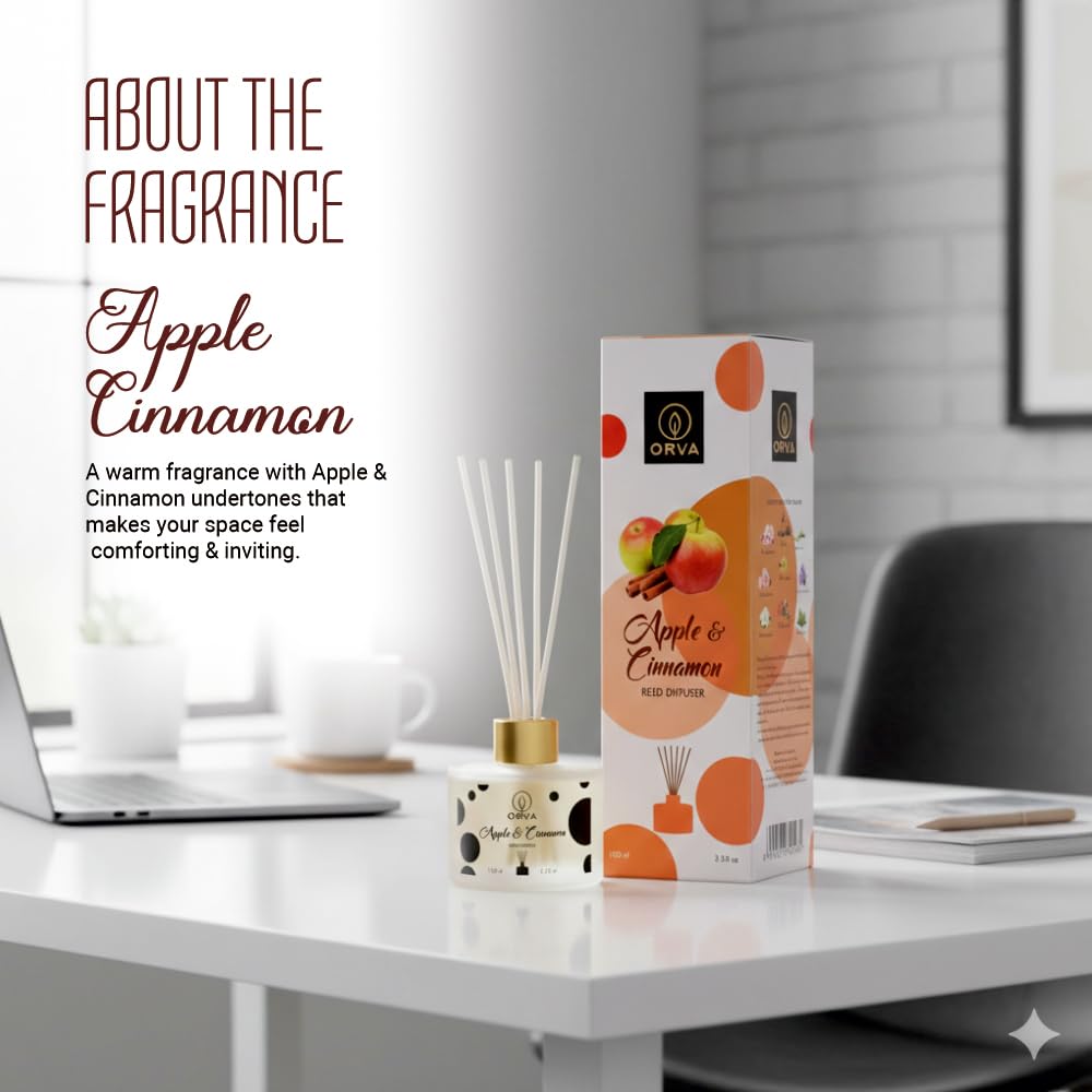 Orva Reed Diffuser Fragrance for Home, Workplace, Enclosed Spaces | 100ml | Includes 6 Rattan Sticks Free | Stress Relief | Mood Enhancer (Pack of 1) (Apple Cinnamon)