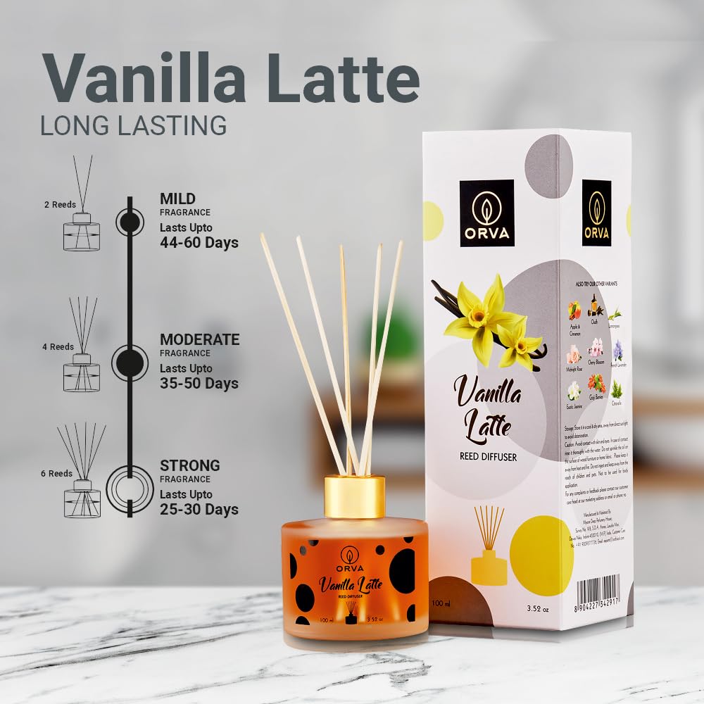 Orva Reed Diffuser Fragrance for Home, Workplace, Enclosed Spaces | 100ml | Includes 6 Rattan Sticks Free | Stress Relief | Mood Enhancer (Pack of 1) (Vanilla Latte)