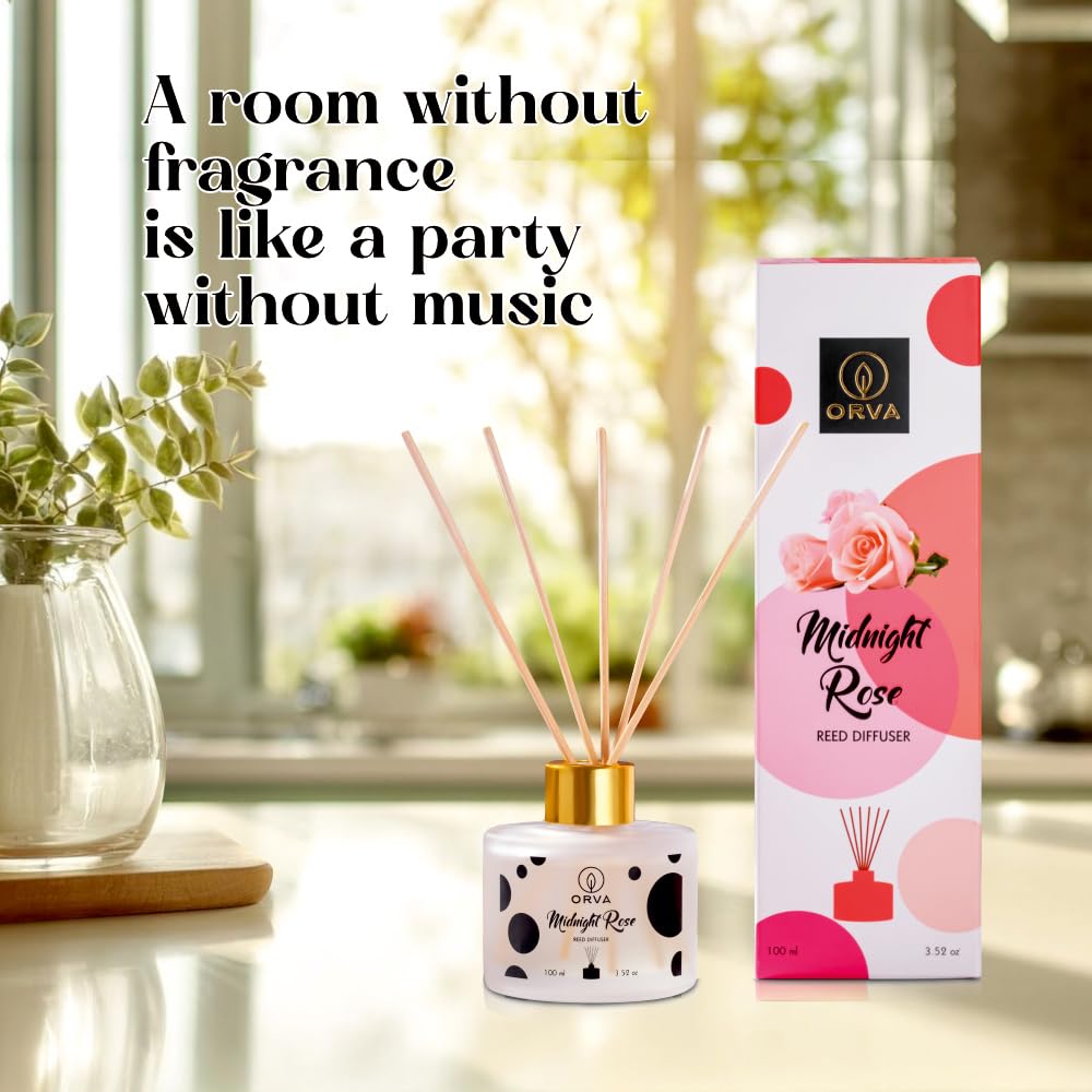 Orva Reed Diffuser Fragrance for Home, Workplace, Enclosed Spaces | 100ml | Includes 6 Rattan Sticks Free | Stress Relief | Mood Enhancer (Pack of 1) (Midnight Rose)