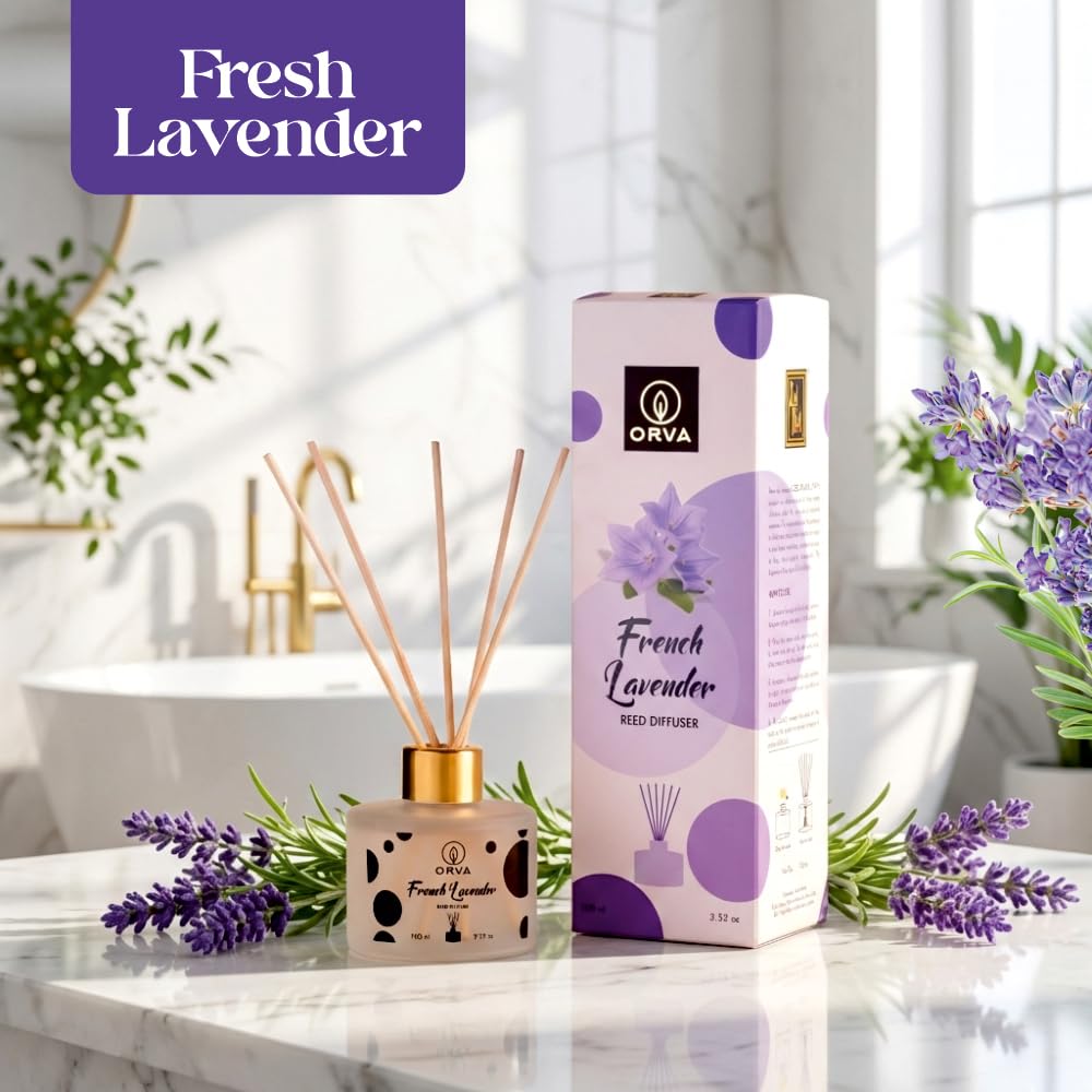 Orva Reed Diffuser Fragrance for Home, Workplace, Enclosed Spaces | 100ml | Includes 6 Rattan Sticks Free | Stress Relief | Mood Enhancer (Pack of 1) (French Lavender)