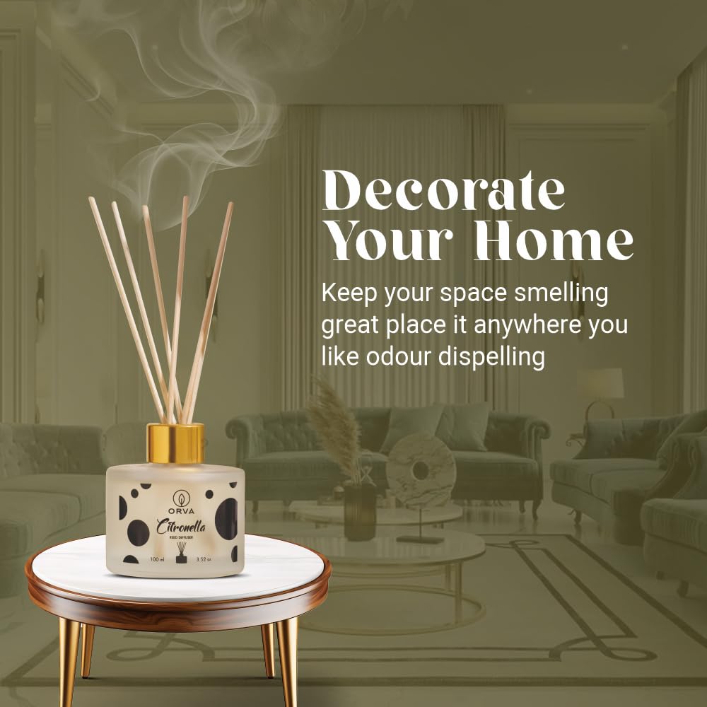 Orva Reed Diffuser Fragrance for Home, Workplace, Enclosed Spaces | 100ml | Includes 6 Rattan Sticks Free | Stress Relief | Mood Enhancer (Pack of 1) (CITRONELLA)