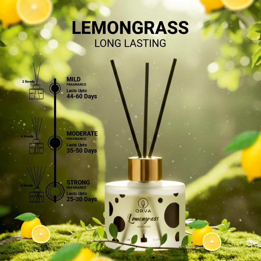 Orva Reed Diffuser Fragrance for Home, Workplace, Enclosed Spaces | 100ml | Includes 6 Rattan Sticks Free | Stress Relief | Mood Enhancer (Pack of 1) (Lemongrass)