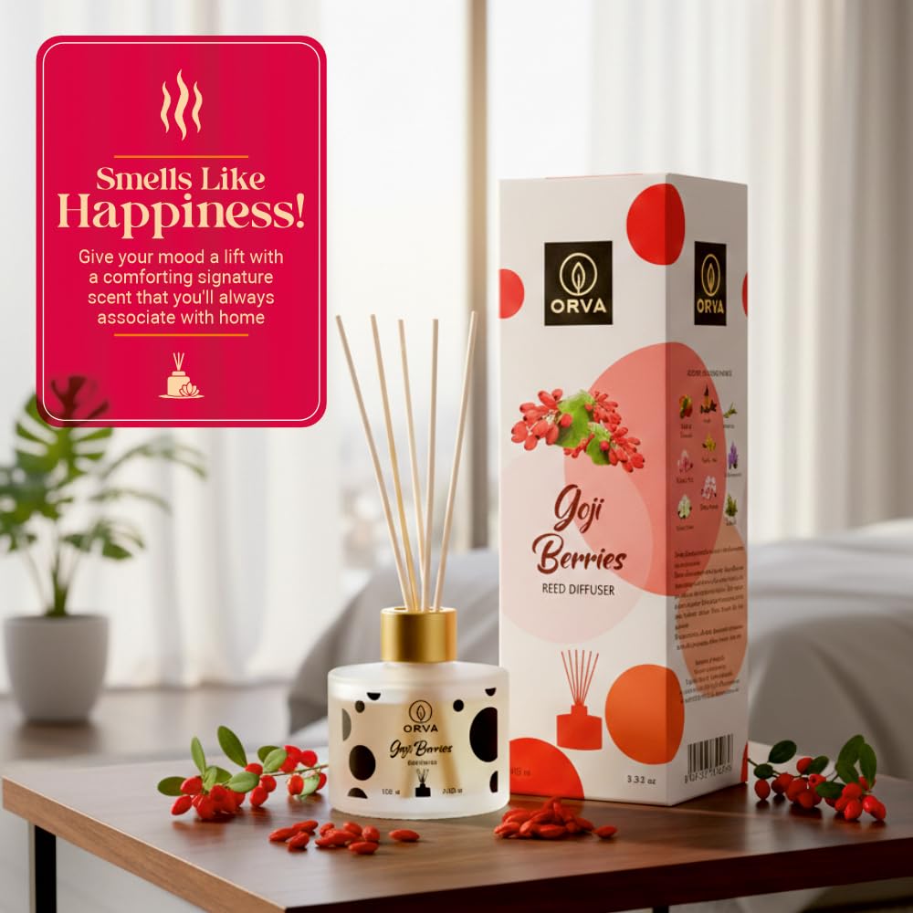 Orva Reed Diffuser Fragrance for Home, Workplace, Enclosed Spaces | 100ml | Includes 6 Rattan Sticks Free | Stress Relief | Mood Enhancer (Pack of 1) (Goji Berries)