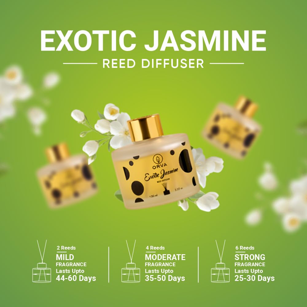 Orva Reed Diffuser Fragrance for Home, Workplace, Enclosed Spaces | 100ml | Includes 6 Rattan Sticks Free | Stress Relief | Mood Enhancer (Pack of 1) (Exotic Jasmine)