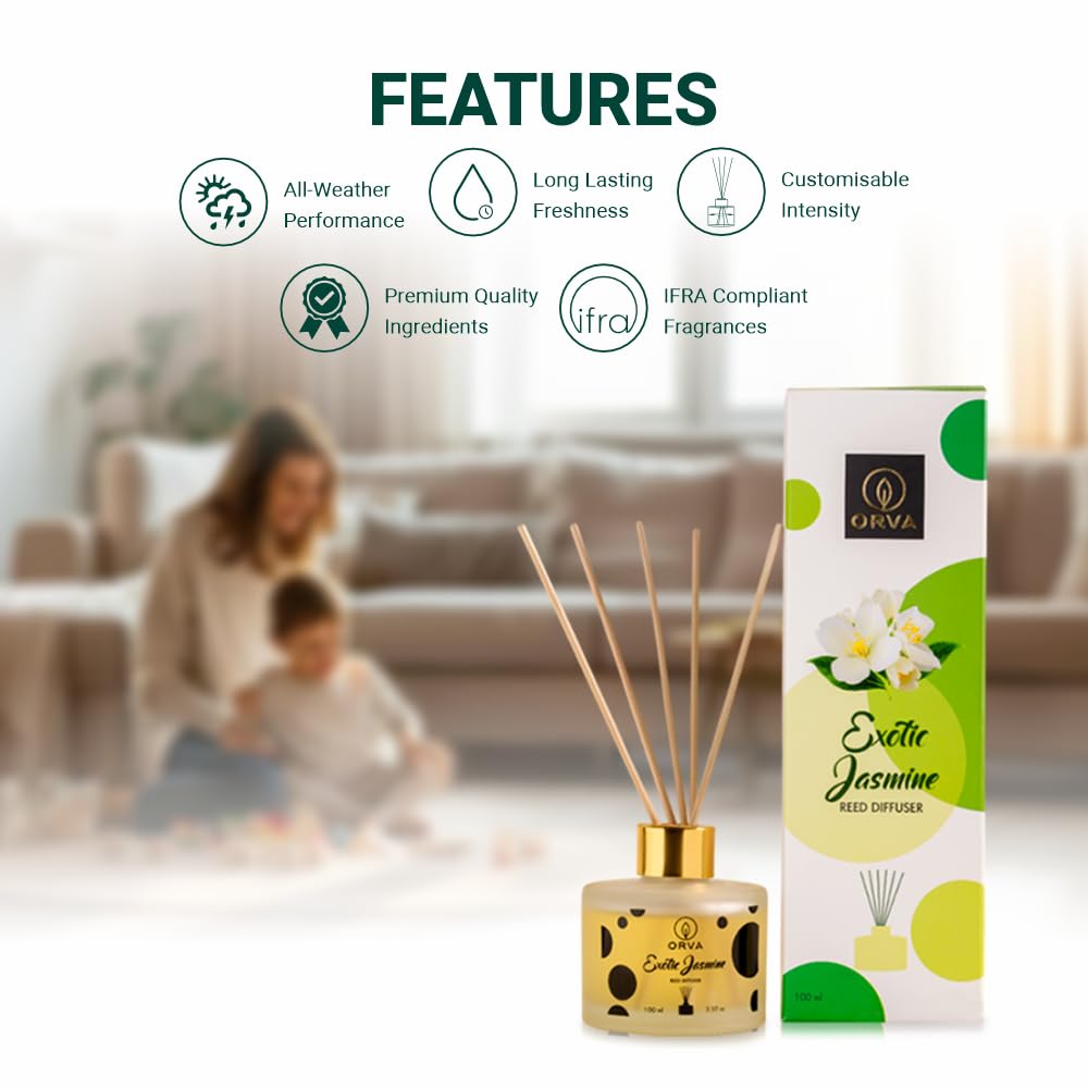 Orva Reed Diffuser Fragrance for Home, Workplace, Enclosed Spaces | 100ml | Includes 6 Rattan Sticks Free | Stress Relief | Mood Enhancer (Pack of 1) (Exotic Jasmine)