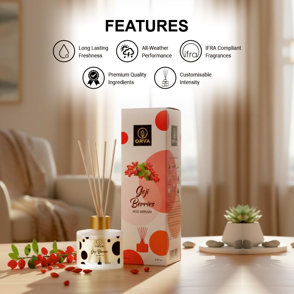 Orva Reed Diffuser Fragrance for Home, Workplace, Enclosed Spaces | 100ml | Includes 6 Rattan Sticks Free | Stress Relief | Mood Enhancer (Pack of 1) (Goji Berries)