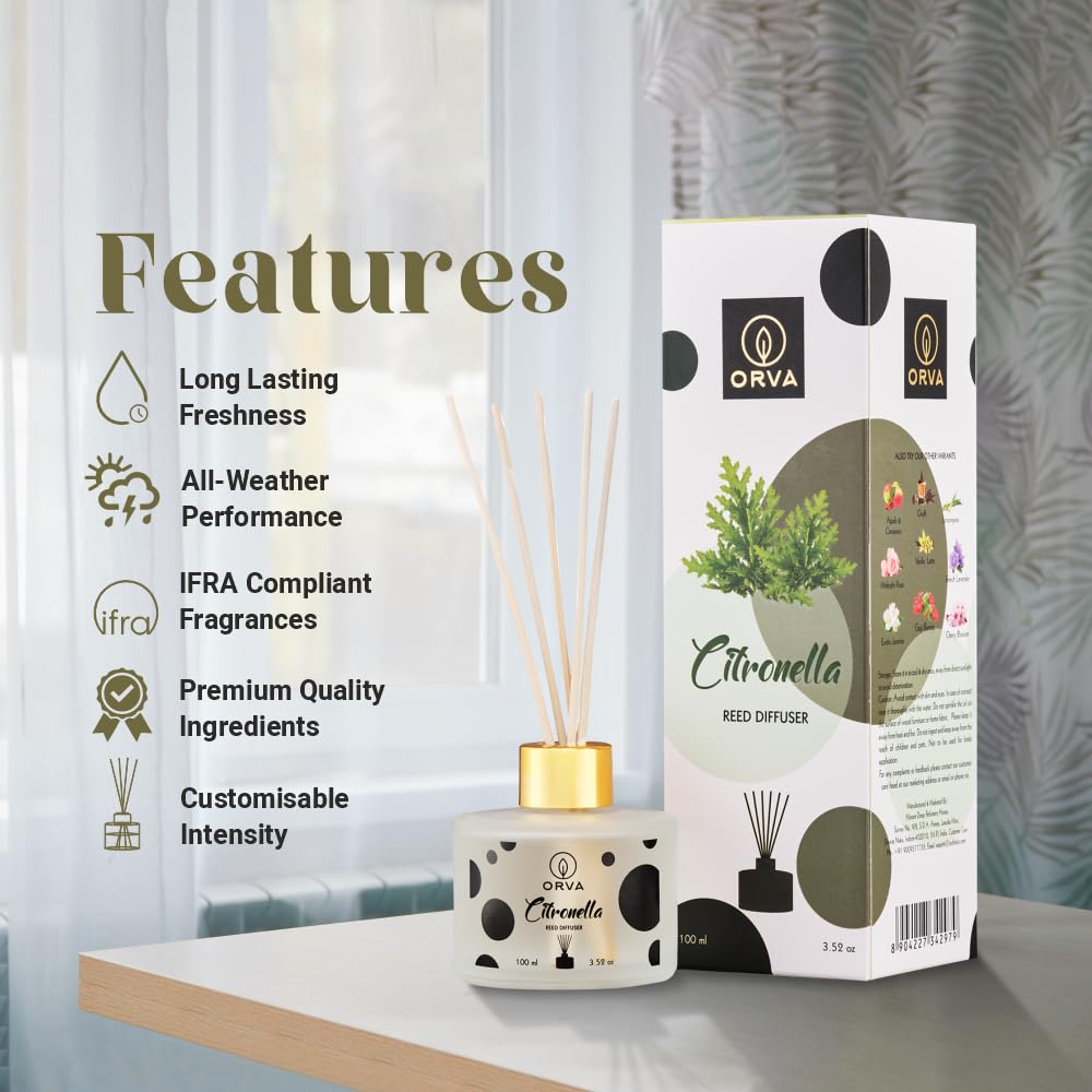 Orva Reed Diffuser Fragrance for Home, Workplace, Enclosed Spaces | 100ml | Includes 6 Rattan Sticks Free | Stress Relief | Mood Enhancer (Pack of 1) (CITRONELLA)