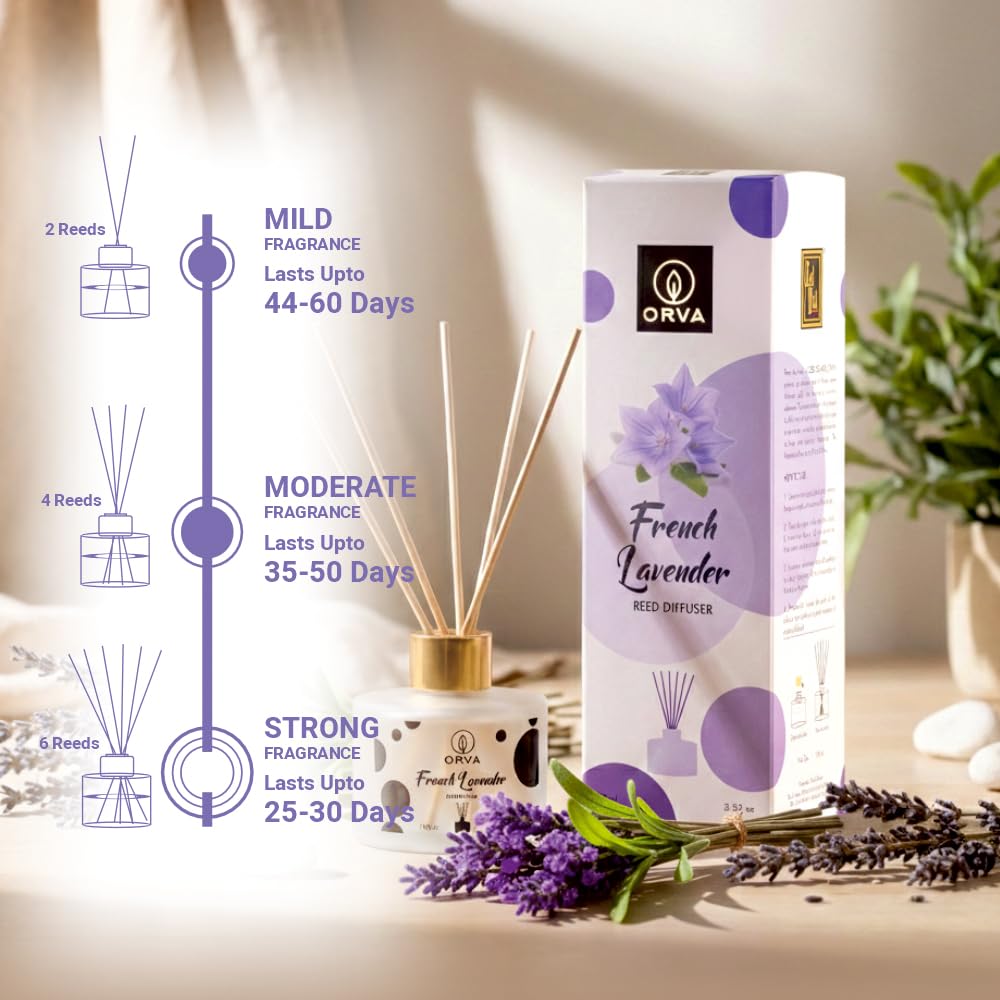Orva Reed Diffuser Fragrance for Home, Workplace, Enclosed Spaces | 100ml | Includes 6 Rattan Sticks Free | Stress Relief | Mood Enhancer (Pack of 1) (French Lavender)