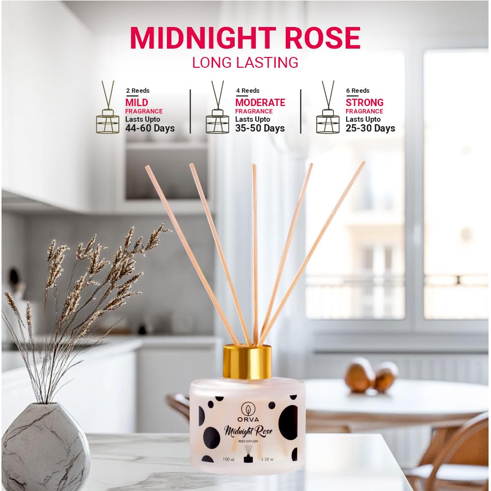 Orva Reed Diffuser Fragrance for Home, Workplace, Enclosed Spaces | 100ml | Includes 6 Rattan Sticks Free | Stress Relief | Mood Enhancer (Pack of 1) (Midnight Rose)