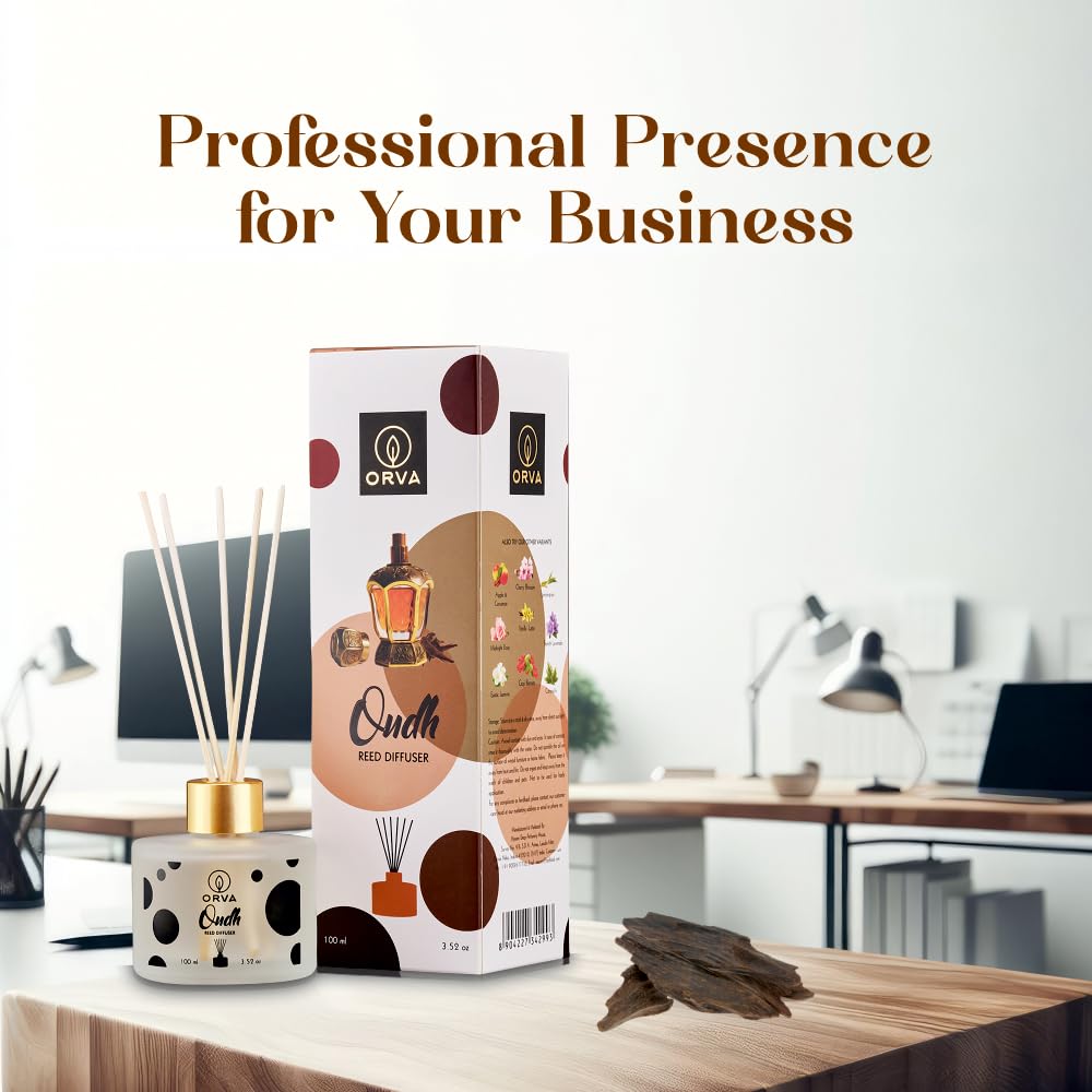 Orva Reed Diffuser Fragrance for Home, Workplace, Enclosed Spaces | 100ml | Includes 6 Rattan Sticks Free | Stress Relief | Mood Enhancer (Pack of 1) (OUDH)