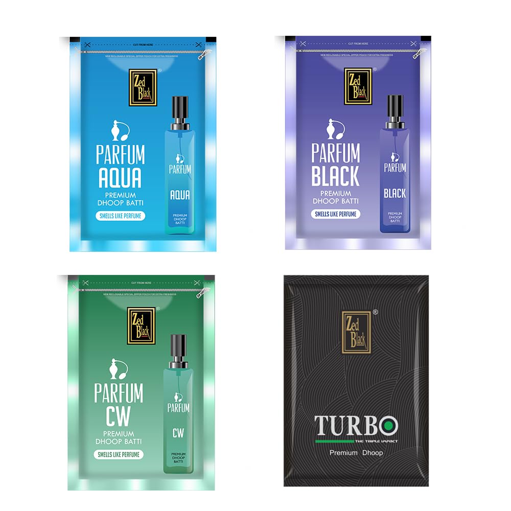 Zed Black Parfum Dhoop Big Batti in Family Zipper Packing Incense Dhoop 4 Fragrance- Aqua,Black,CW,Turbo | Combo Assorted Dhoop - Pack of 4