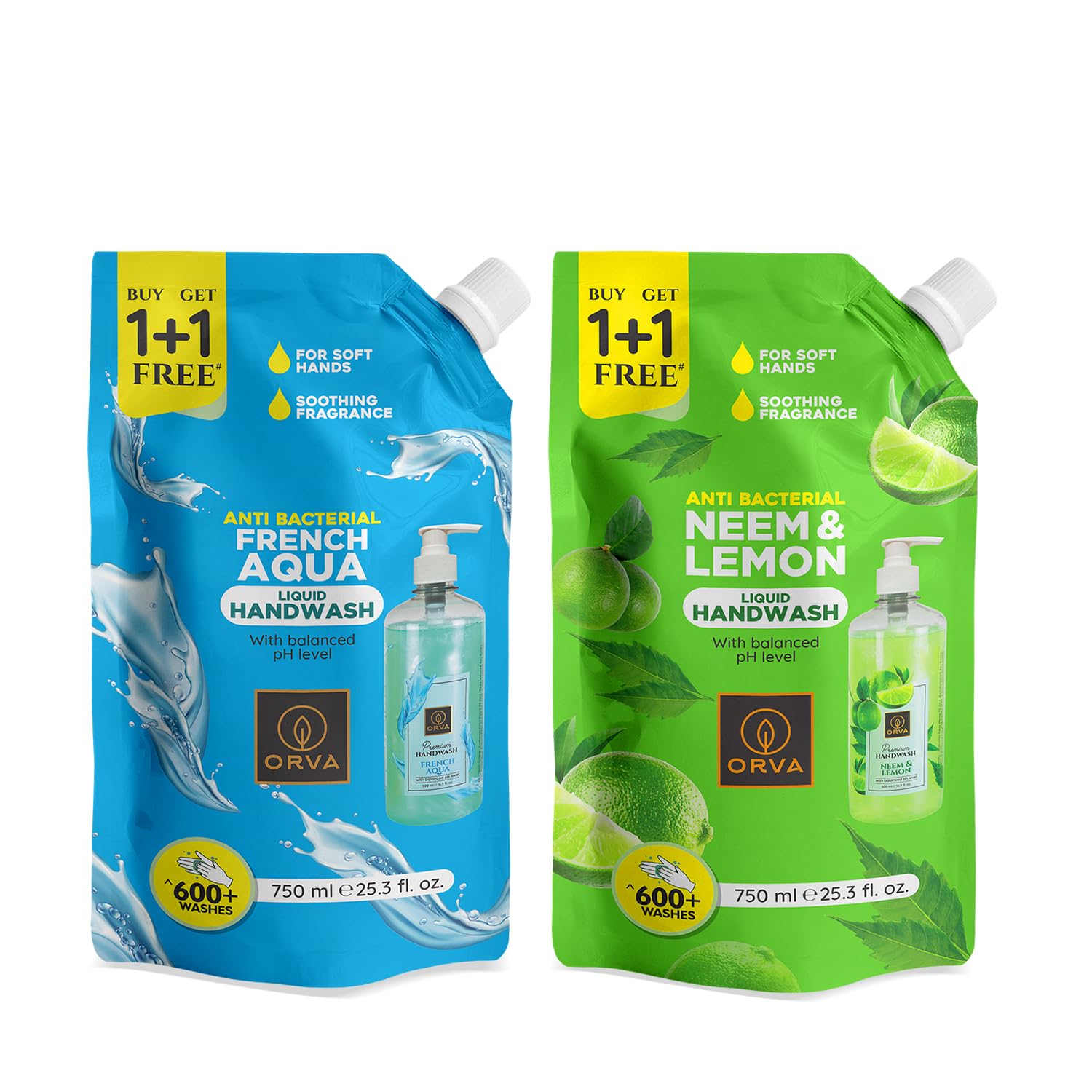 Orva refill pouch Hand Wash 750 Ml Germ Fighter Protection &Soft Liquid Handwash, Protects from 99.9% Germs, 90% Natural Origin – Pack of 2 (Neem & Lemon and French Aqua)