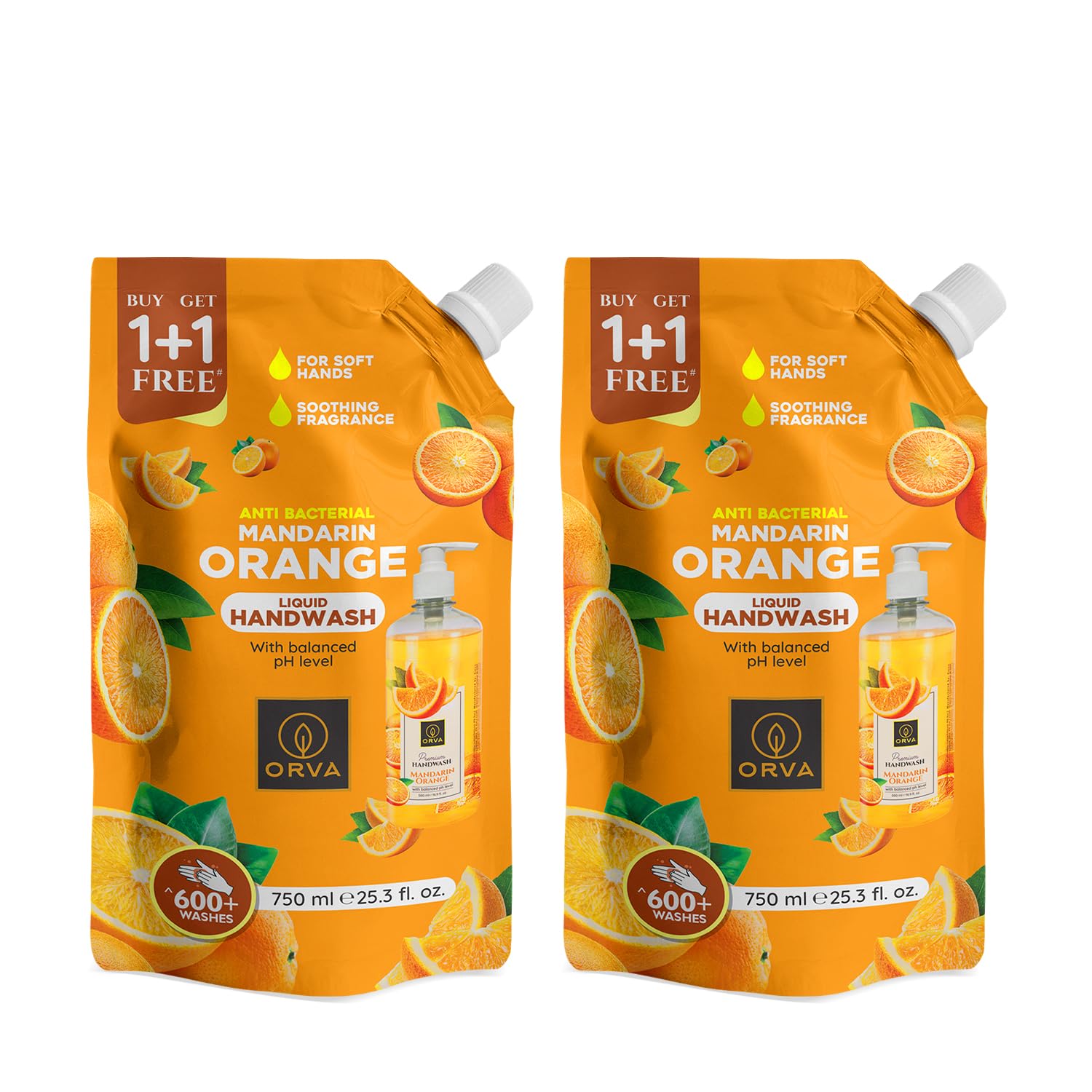 Orva refill pouch Hand Wash 750 Ml Germ Fighter Protection &Soft Liquid Handwash, Protects from 99.9% Germs, 90% Natural Origin – Pack of 2 (Mandarin Orange)