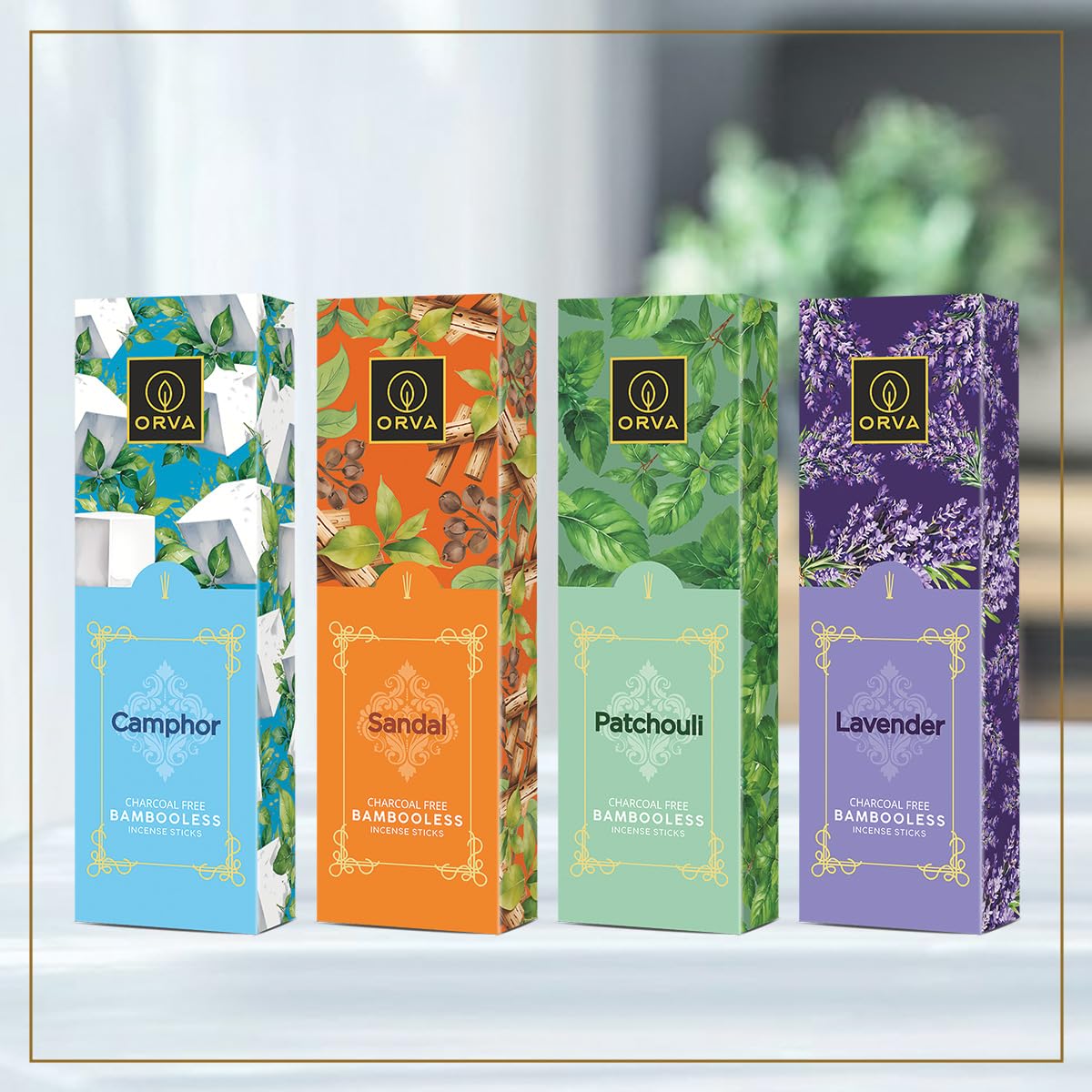 ORVA Bambooless Incense Sticks: Camphor, Lavender, Patchouli, Sandal Pack of 4 (360 g)